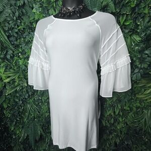 NINA LEONARD Women Dress Large‎ White Sheath Flare Sleeve Round Neck NWT  0673